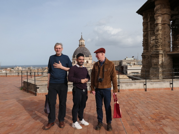 On the roof at San Giuseppe dei Teatini, Palermo: Kenny and Peter with our charming guide, Fabio