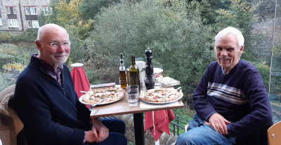 Peter and Ross &ndash; lunch overlooking the Water of Leith